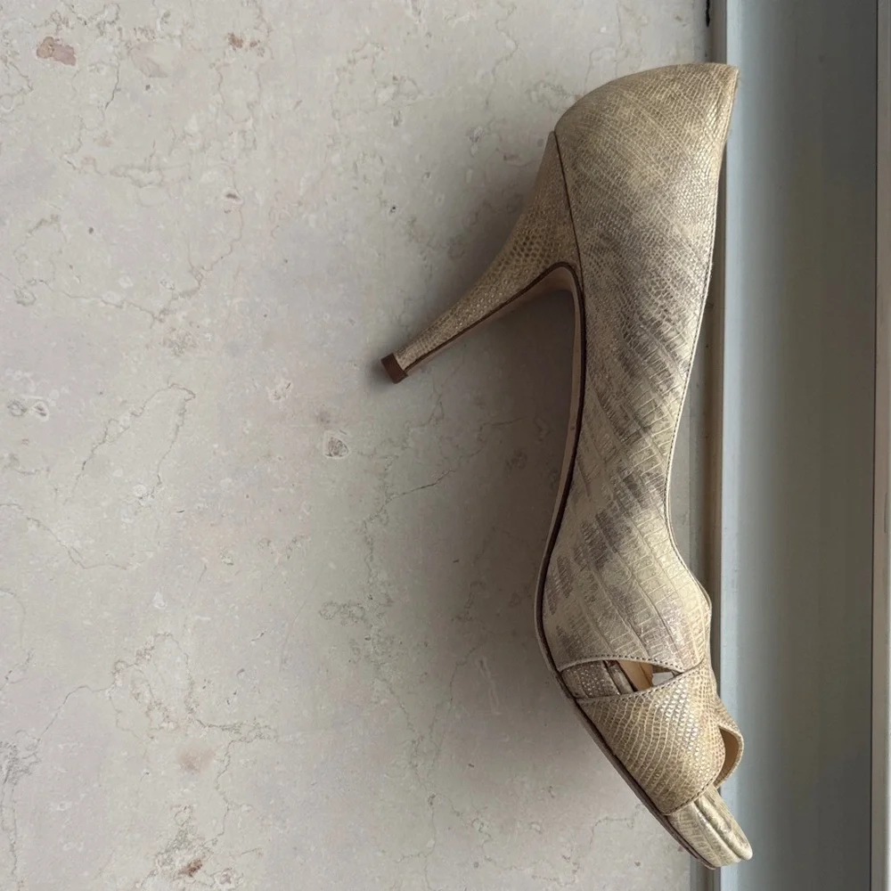 Kate Spade Faux Lizard Gold Peep Toe Heels